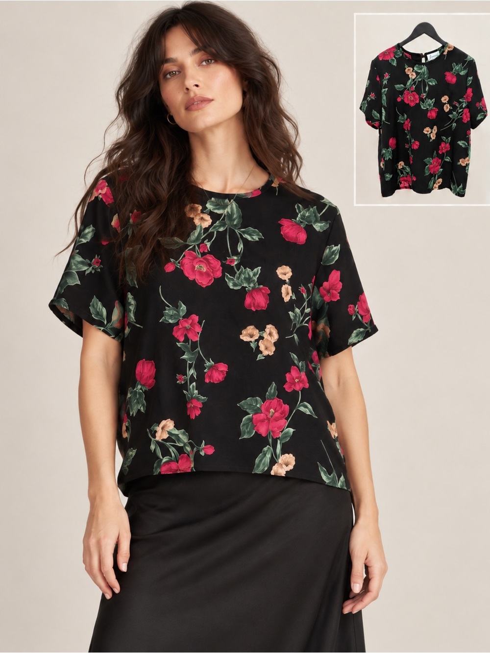 Vintage 90s Joanna Black Rose Floral Blouse Made in USA Large Goth Cottagecore